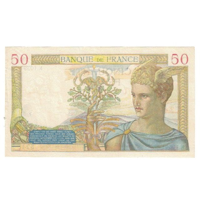 France, 50 Francs, Cérès, 1939, P. Rousseau and R. Favre-Gilly, 1939-07-13