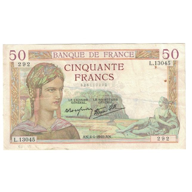 France, 50 Francs, Cérès, 1940, P. Rousseau and R. Favre-Gilly, 1940-04-04