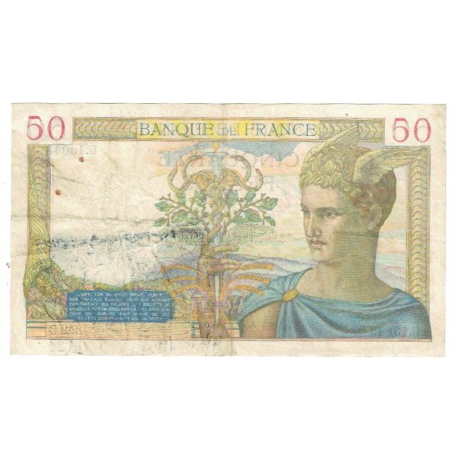 France, 50 Francs, Cérès, 1940, P. Rousseau and R. Favre-Gilly, 1940-04-04
