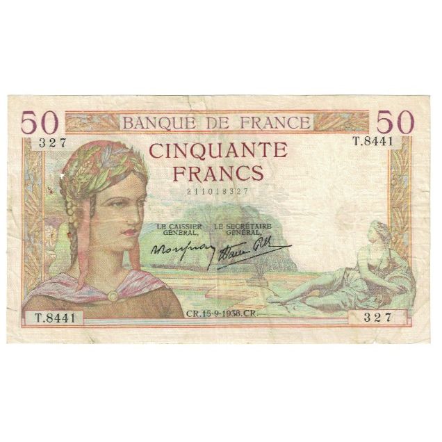 France, 50 Francs, Cérès, 1938, P. Rousseau and R. Favre-Gilly, 1938-09-15
