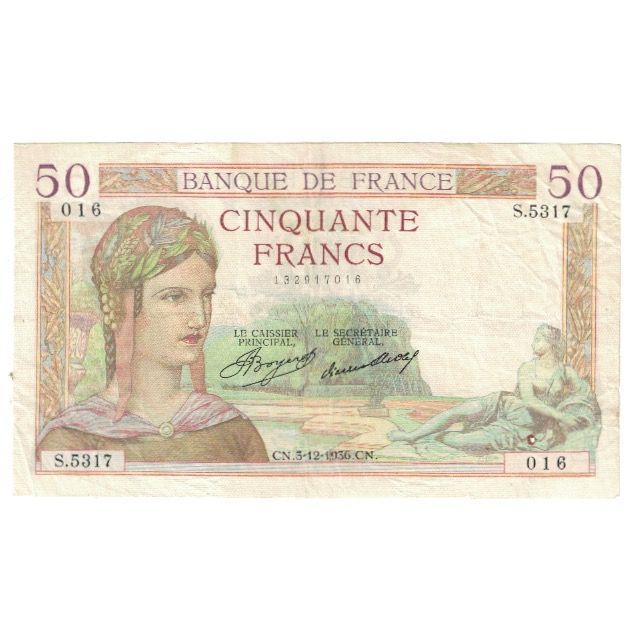 Francia, 50 Francs, Cérès, 1936, P. Rousseau and R. Favre-Gilly, 1936-12-03