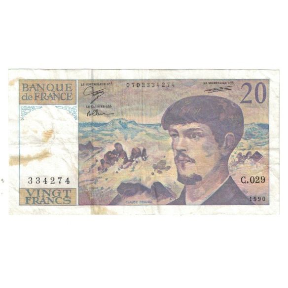 France, 20 Francs, Debussy, 1990, STROHL TRONCHE DENTAUD, EF(40-45)