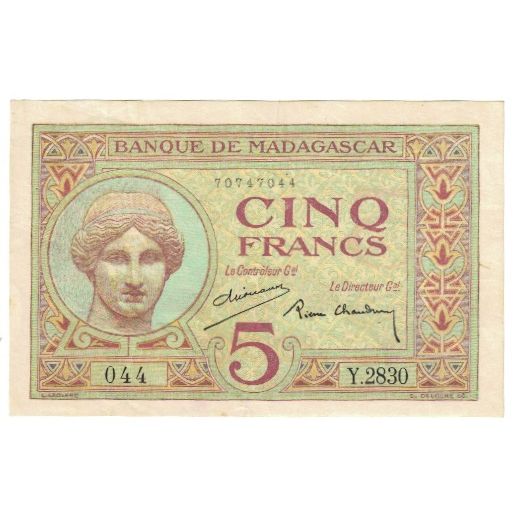 Banknote, Madagascar, 5 Francs, KM:35, EF(40-45)