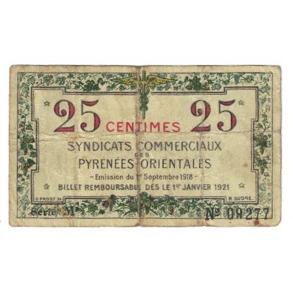 France, Pyrénées Orientales, 25 Centimes, 1921, Syndicats Commerciaux