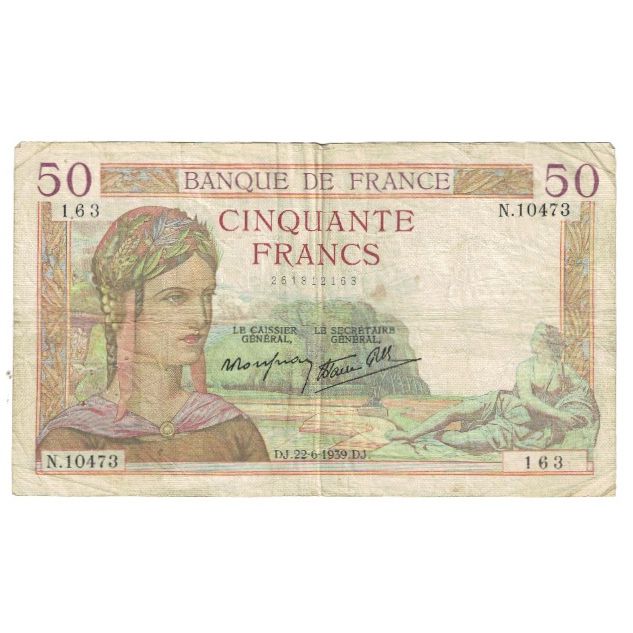 France, 50 Francs, Cérès, 1939, P. Rousseau and R. Favre-Gilly, 1939-06-22
