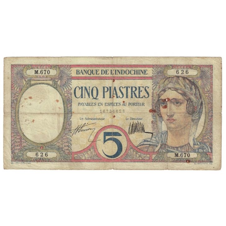 Billet, FRENCH INDO-CHINA, 5 Piastres, 1927, KM:49b, TB