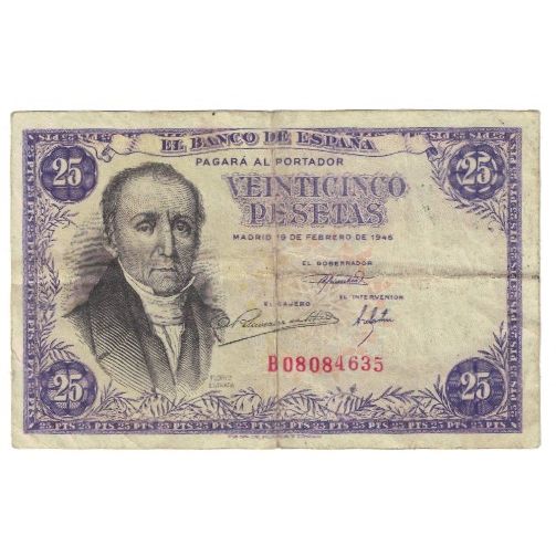 Biljet, Spanje, 25 Pesetas, 1946, 1946-02-19, KM:130a, TTB