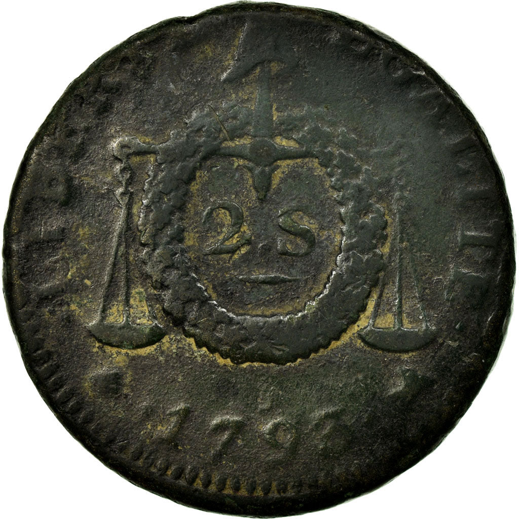 Moneta, Francia, 2 sols aux balances daté, 2 Sols, 1793, Rouen, B, Bronzo