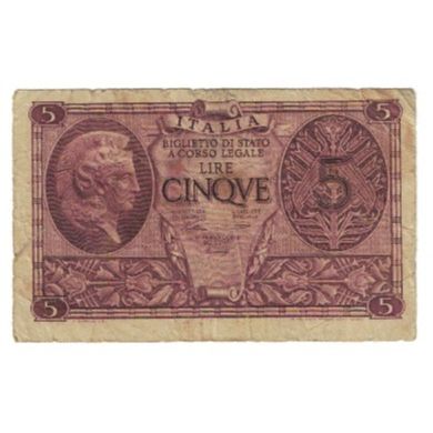 Banknot, Włochy, 5 Lire, 1944, 1944-11-23, KM:31a, VF(20-25)
