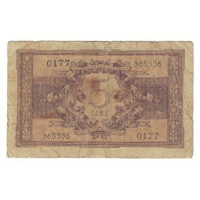 Banknot, Włochy, 5 Lire, 1944, 1944-11-23, KM:31a, VF(20-25)