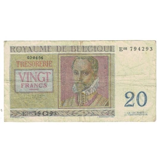 Banknote, Belgium, 20 Francs, 1956, 1956-04-03, KM:132a, VF(20-25)