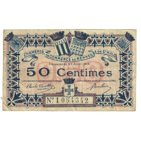 França, Rennes et Saint-Malo, 50 Centimes, 1915, VF(30-35), Pirot:105-13