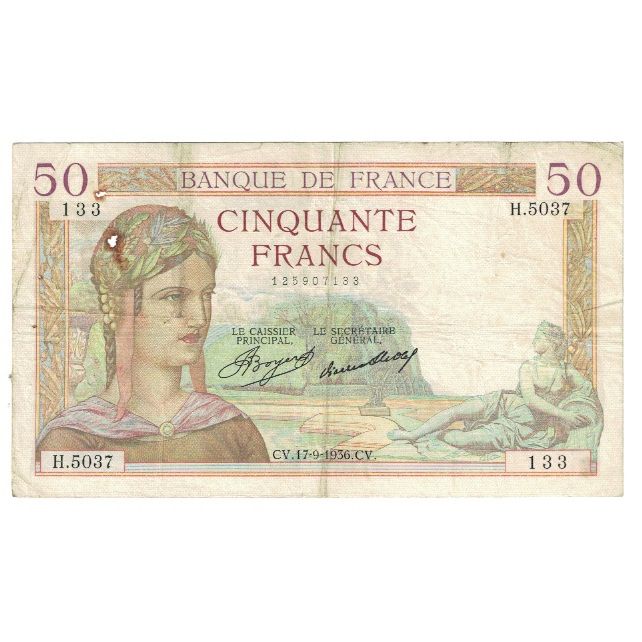 France, 50 Francs, Cérès, 1936, P. Rousseau and R. Favre-Gilly, 1936-09-17, B
