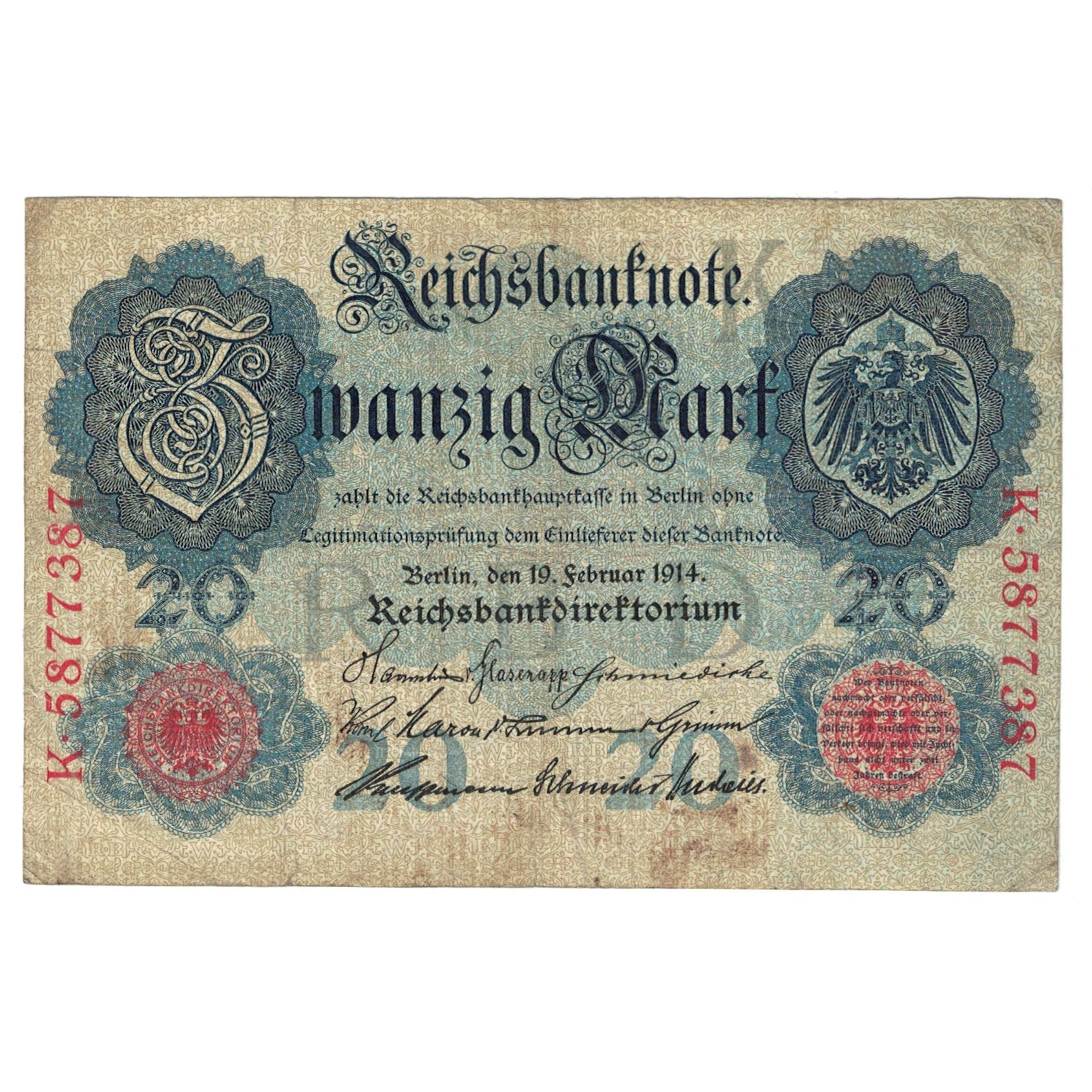 Nota, Alemanha, 20 Mark, 1914, 1914-02-19, KM:31, VF(20-25)