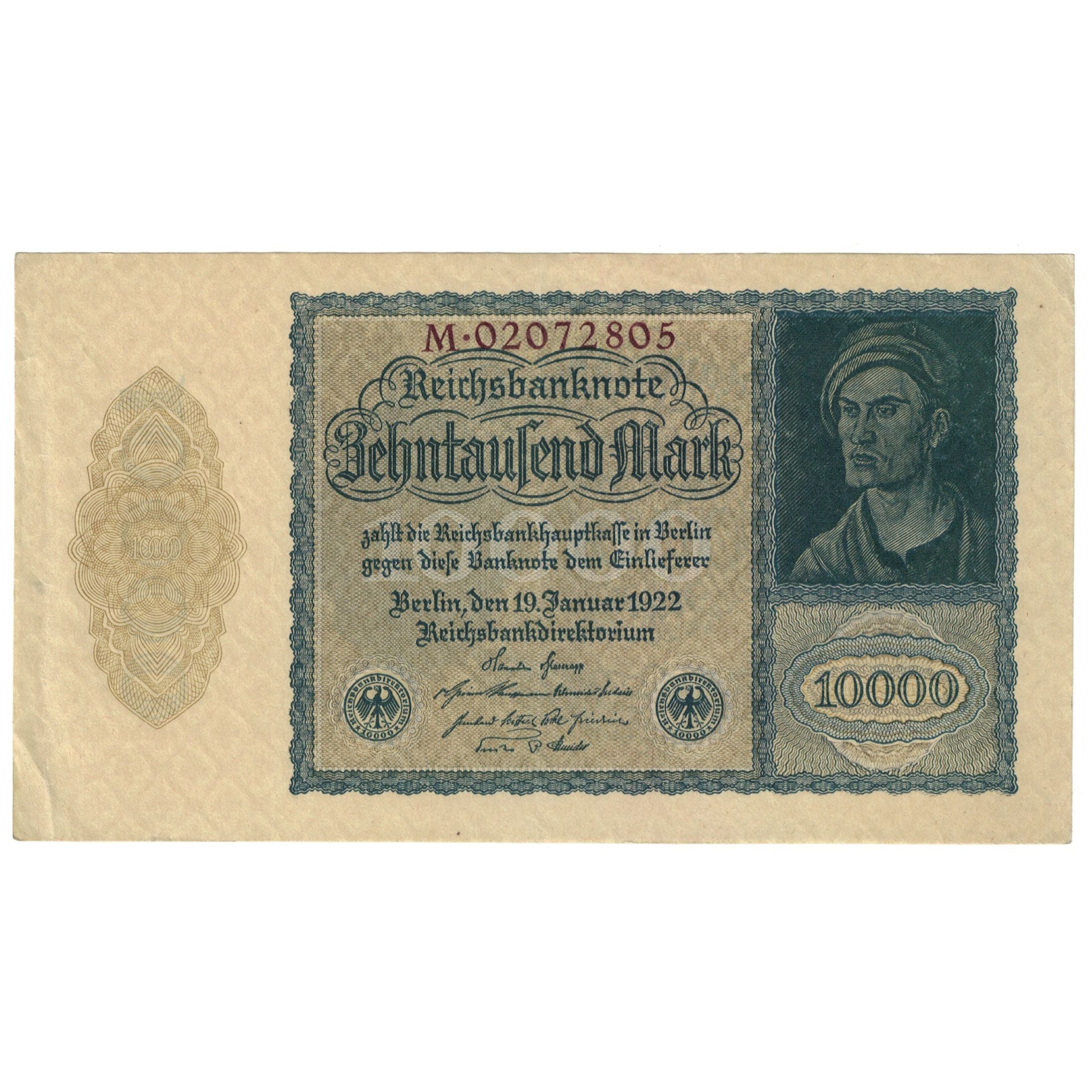 Banknote, Germany, 10,000 Mark, 1922, 1922-01-19, KM:70, AU(50-53)