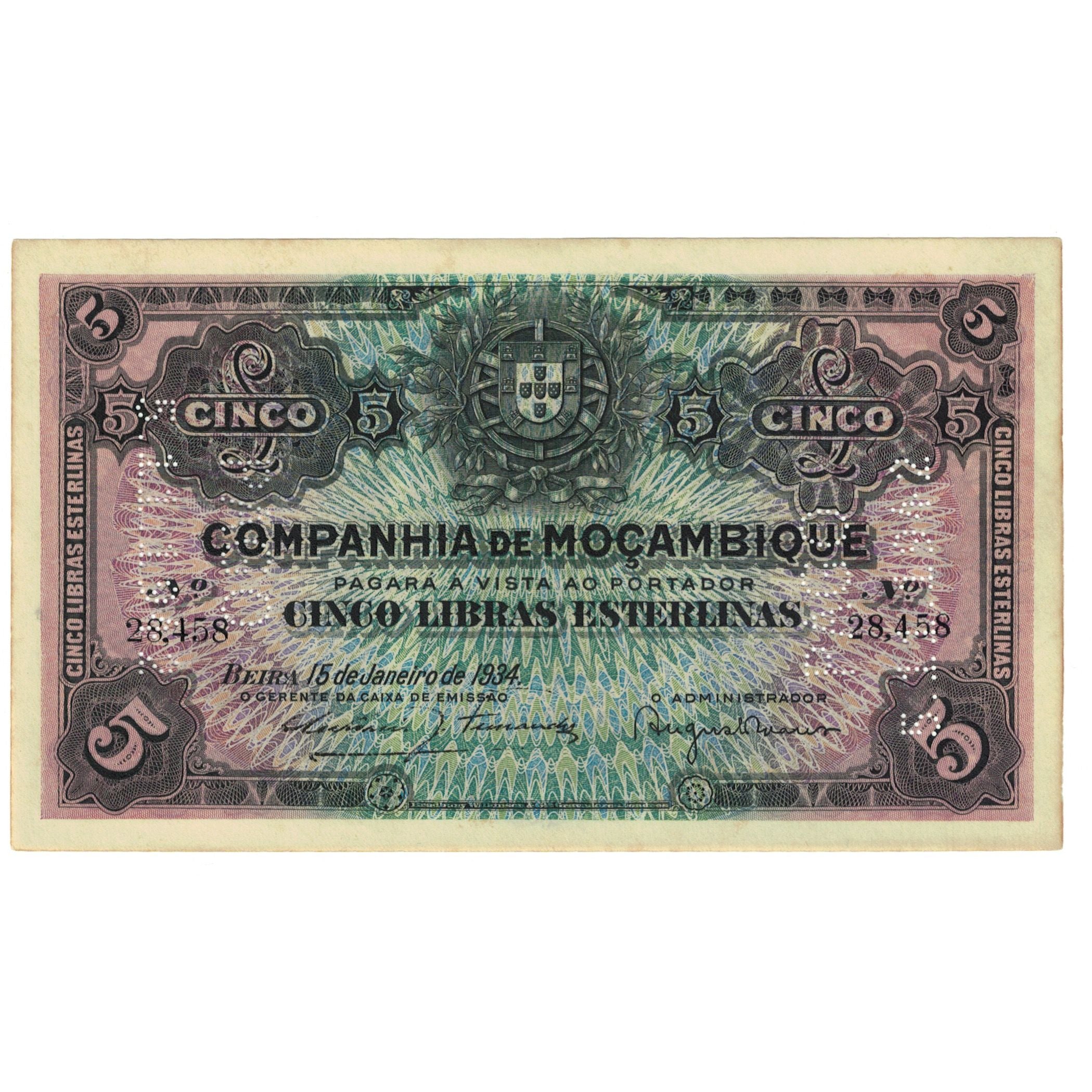 Nota, Moçambique, 5 Libras, 1934, 1934-01-15, KM:R32, EF(40-45)