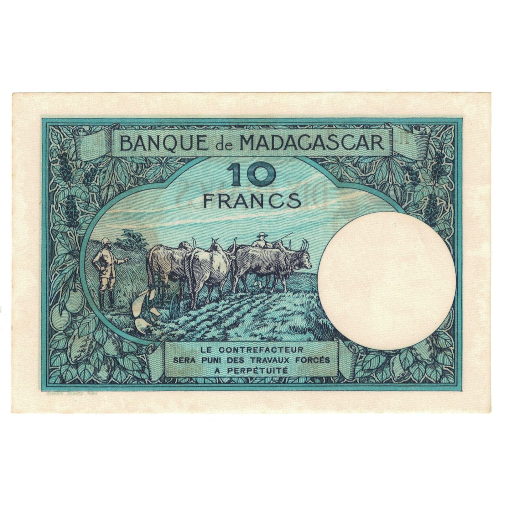 Banknote, Madagascar, 10 Francs, Undated (1937-47), KM:36, UNC(65-70)