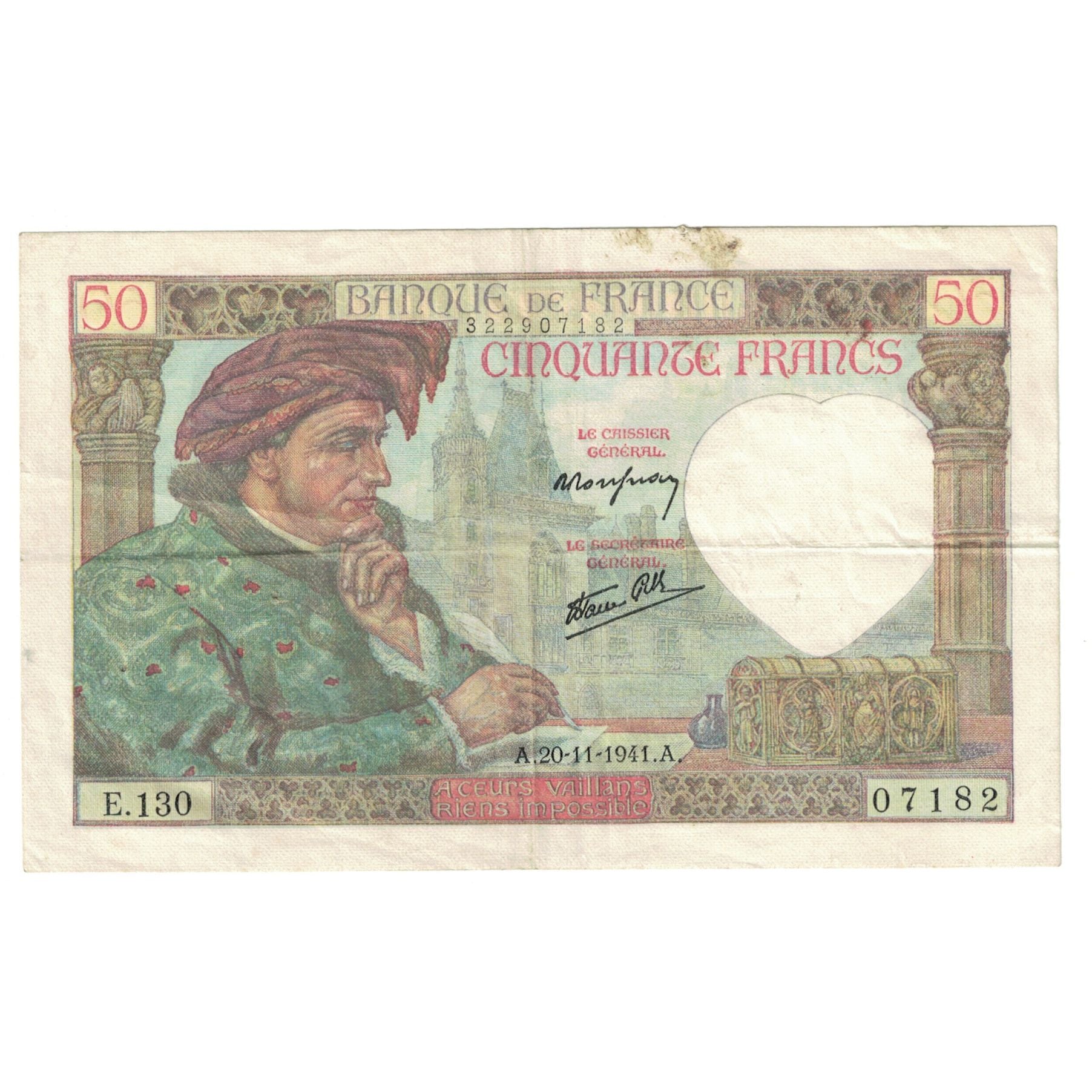 Francja, 50 Francs, Jacques Coeur, 1941, E.130, EF(40-45), Fayette:19.16, KM:93