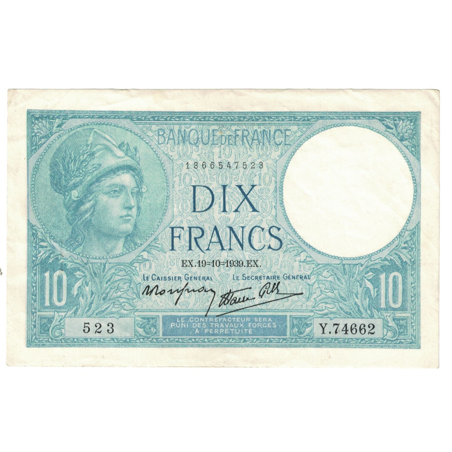 Frankreich, 10 Francs, Minerve, 1939, Y.74662, VZ, Fayette:7.12, KM:84