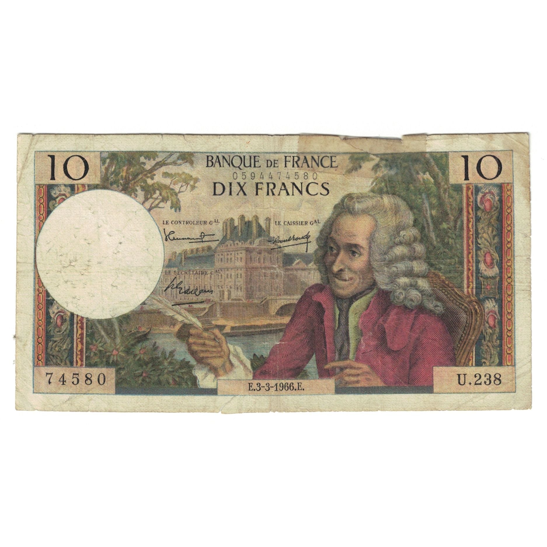France, 10 Francs, Voltaire, 1966, U.238, AG(1-3), Fayette:62.21, KM:147b