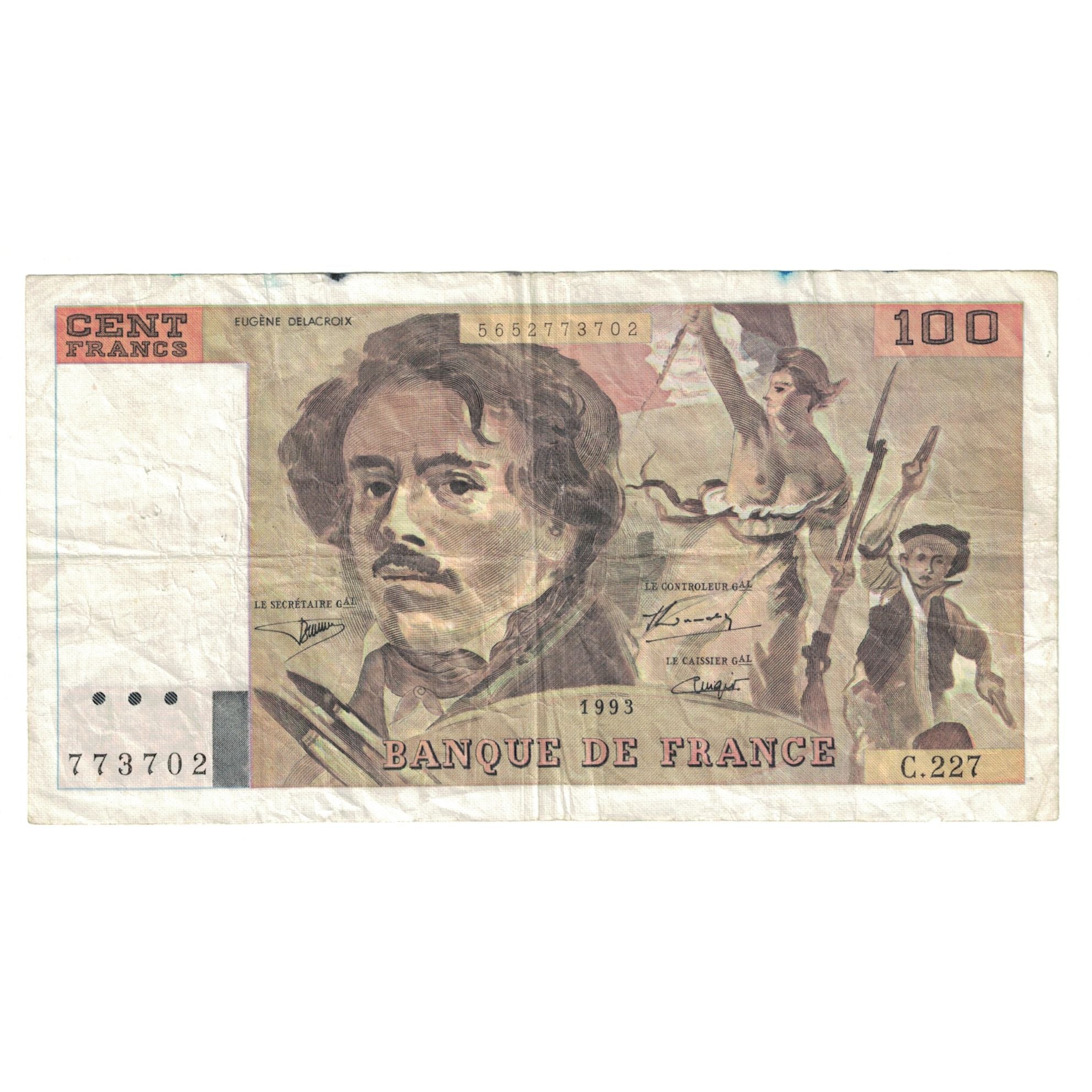 França, 100 Francs, Delacroix, 1993, C.227, VF(20-25), Fayette:69bis.8, KM:154g