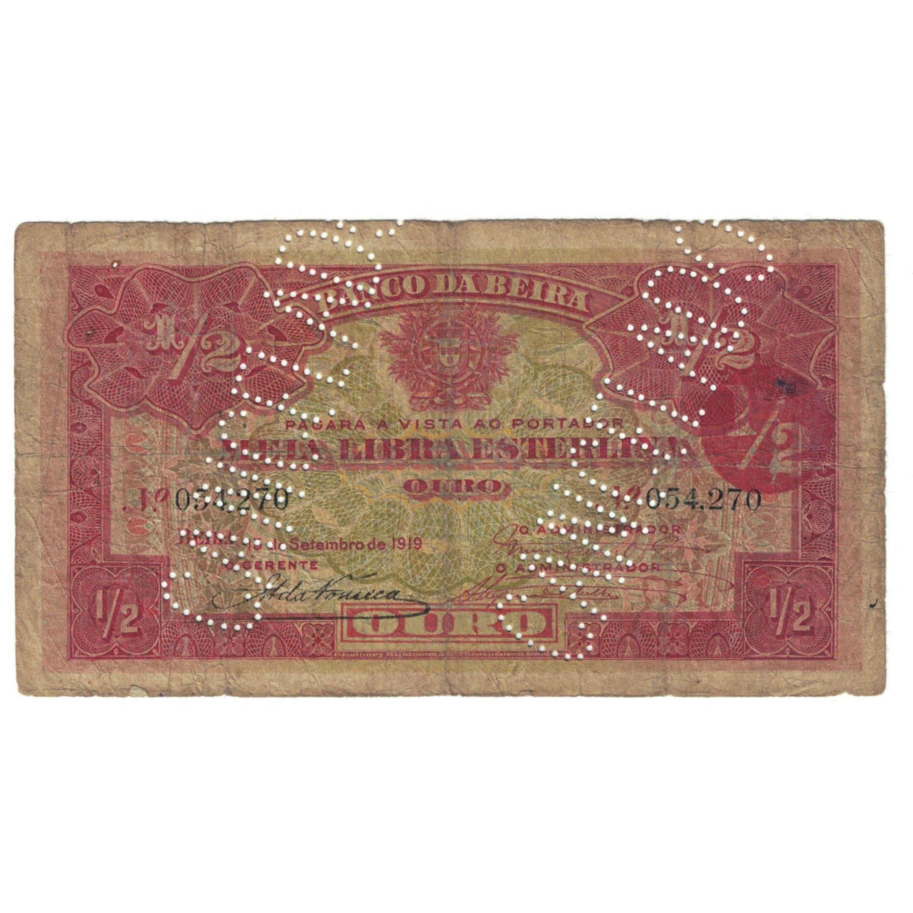 Banknote, Mozambique, 1/2 Libra, 1919, 1919-09-15, KM:R5, VF(20-25)