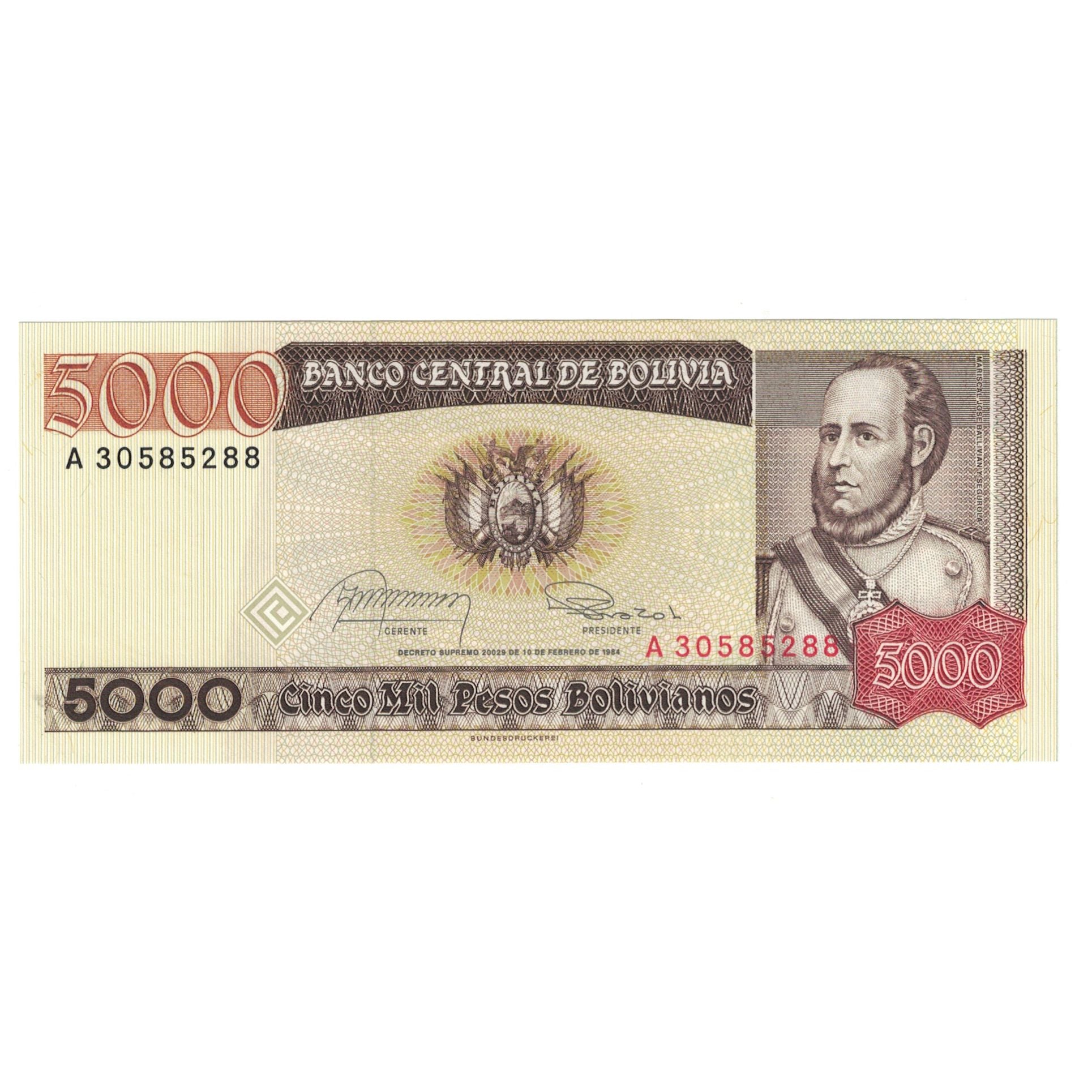 Billet, Bolivie, 5000 Pesos Bolivianos, 1984, 1984-02-10, KM:168a, NEUF
