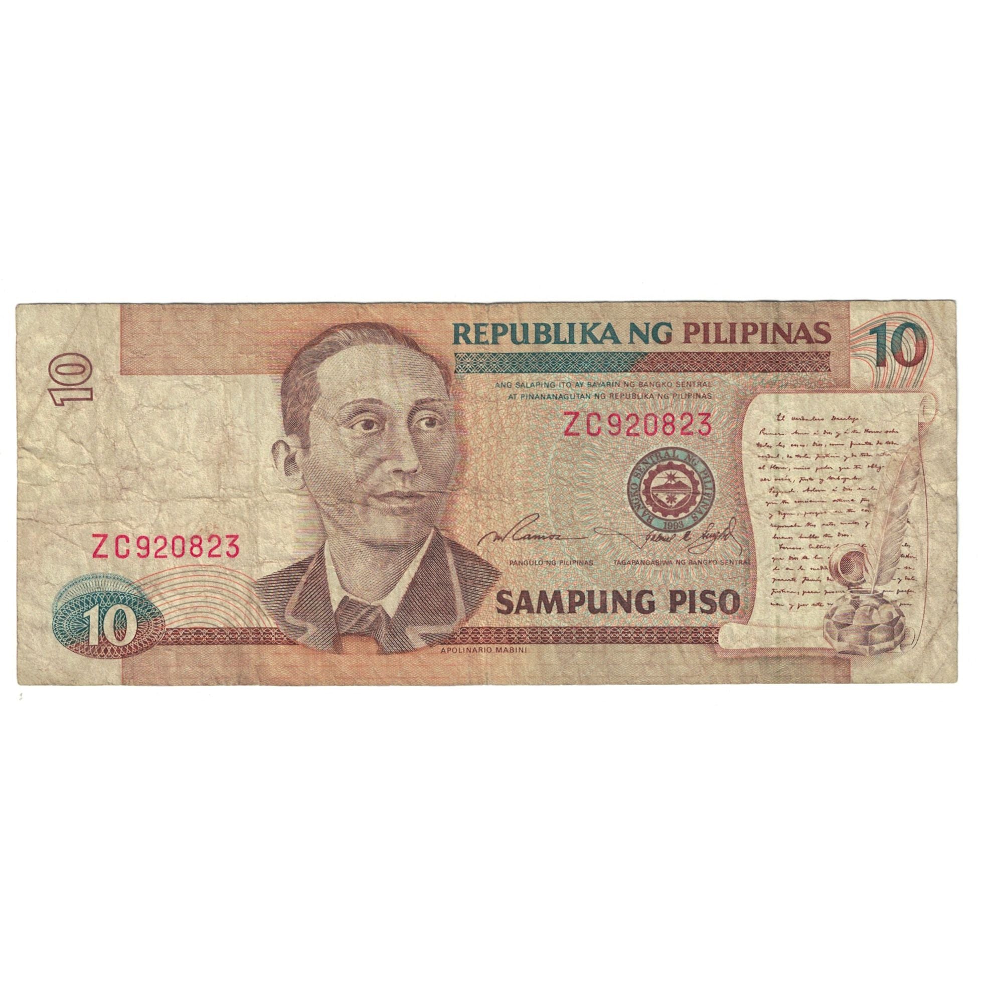 Nota, Filipinas, 10 Piso, KM:169b, VF(20-25)