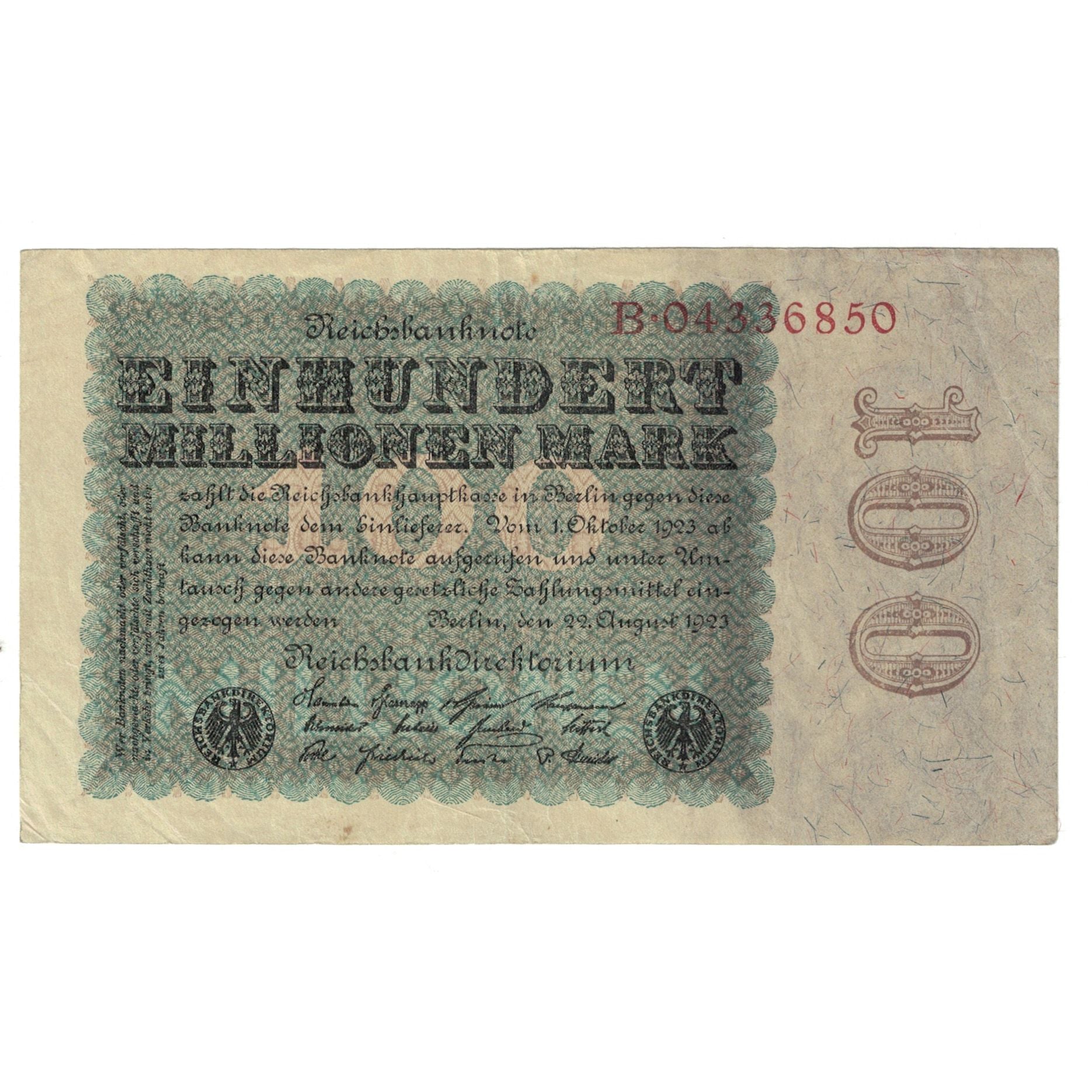 Banknote, Germany, 100 Millionen Mark, 1923, 1923-08-22, KM:107a, EF(40-45)