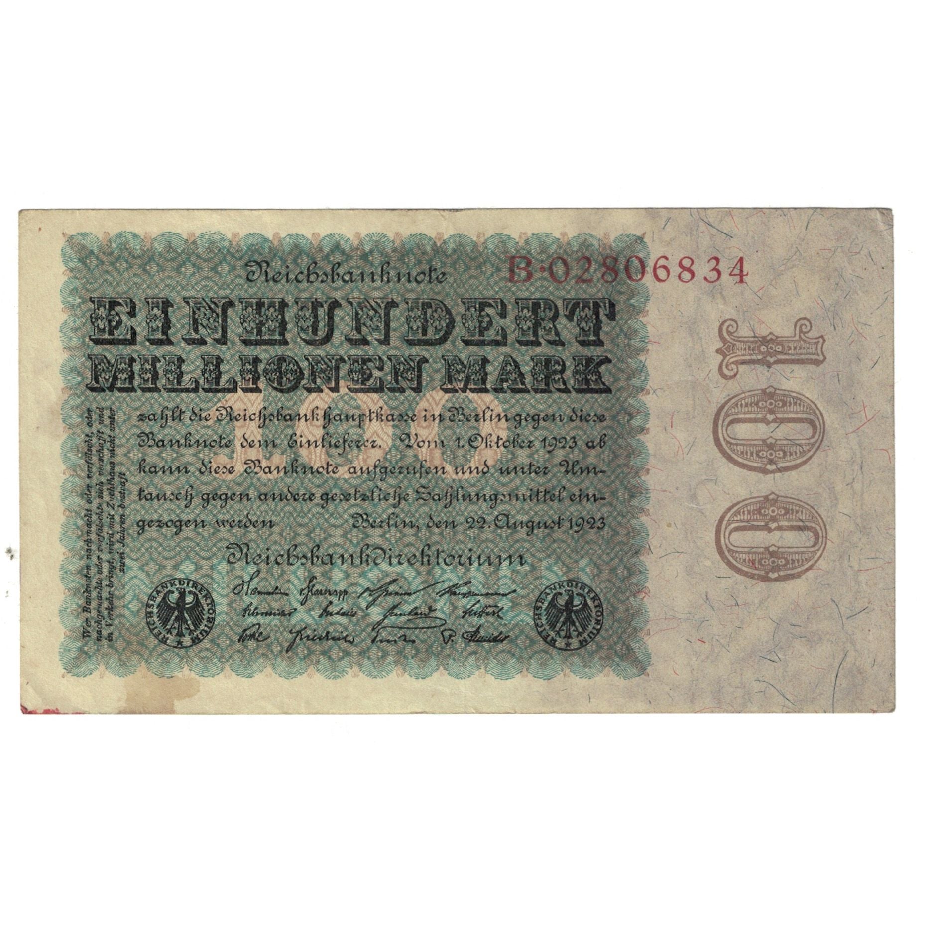 Banknote, Germany, 100 Millionen Mark, 1923, 1923-08-22, KM:107a, EF(40-45)
