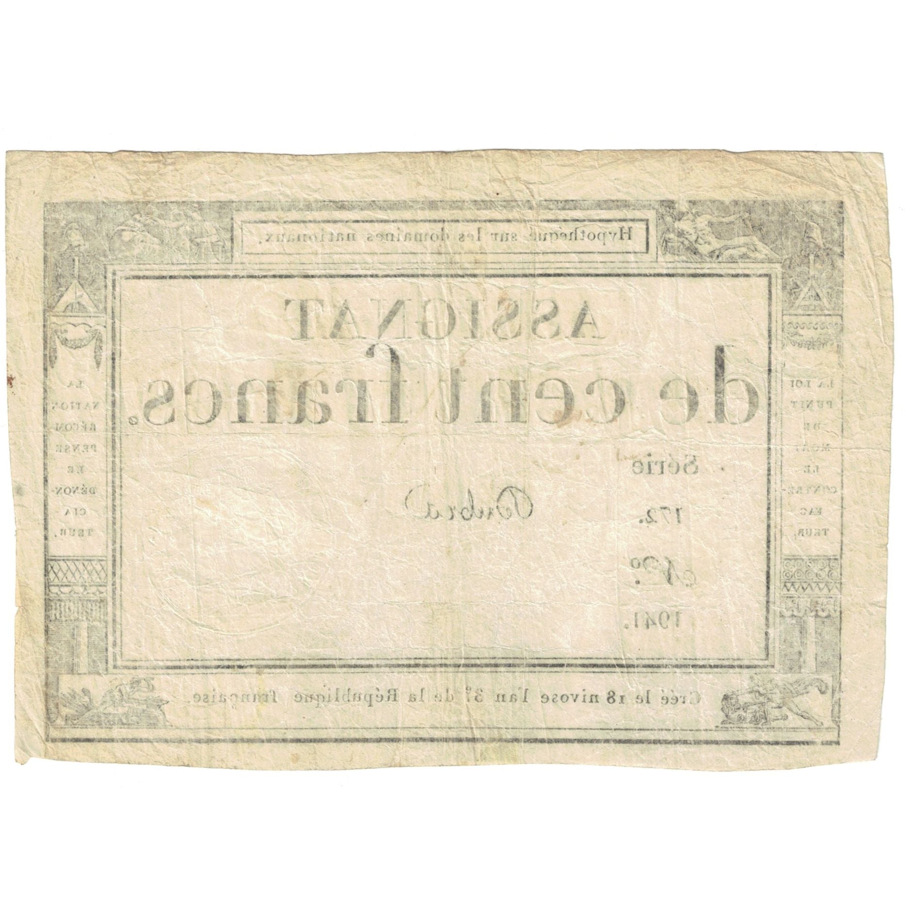 Frankreich, 100 Francs, 1795, SERIE 172 NUMÉRO 1941, SS, KM:A78, Lafaurie:173