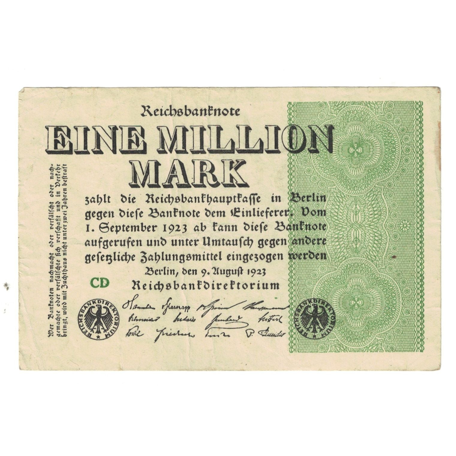 Geldschein, Deutschland, 1 Million Mark, 1923, 1923-08-09, KM:102d, SS