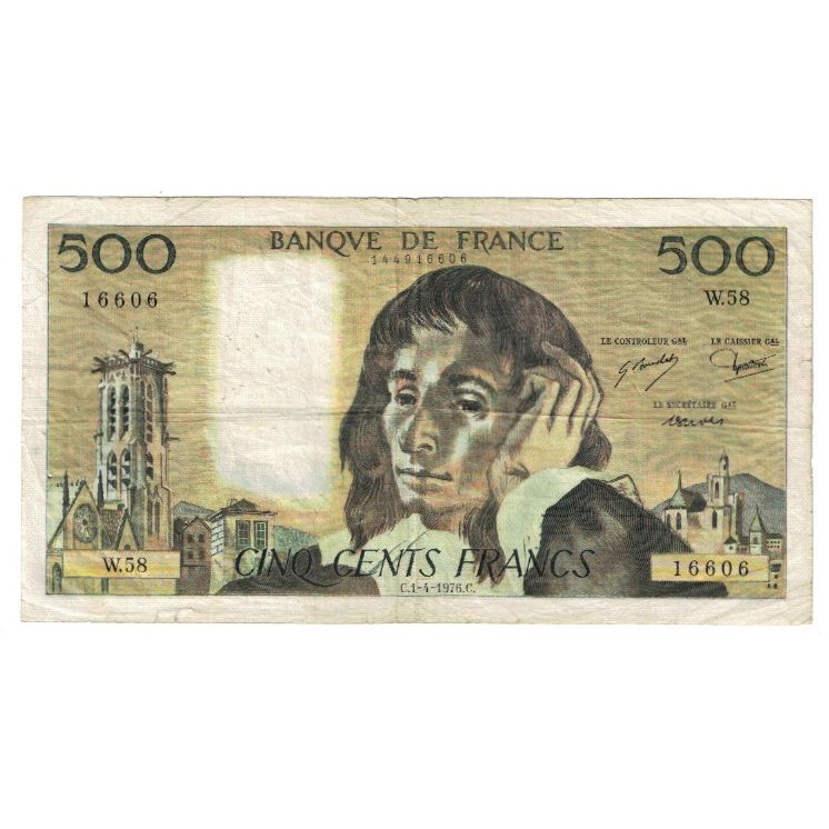 Francia, 500 Francs, Pascal, 1976, W.58 16606, MBC, Fayette:71.14, KM:156b