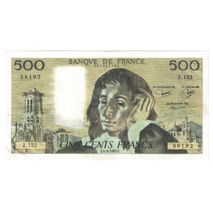 França, 500 Francs, Pascal, 1980, Z.122 98192, AU(55-58), Fayette:71.22
