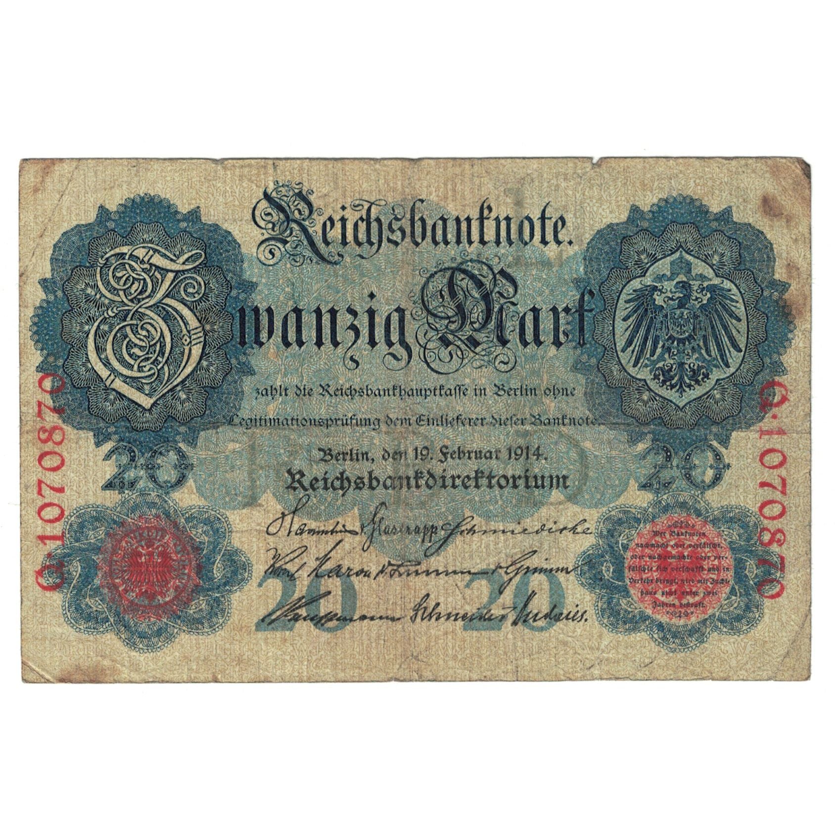 Geldschein, Deutschland, 20 Mark, 1914, 1914-02-19, KM:31, S