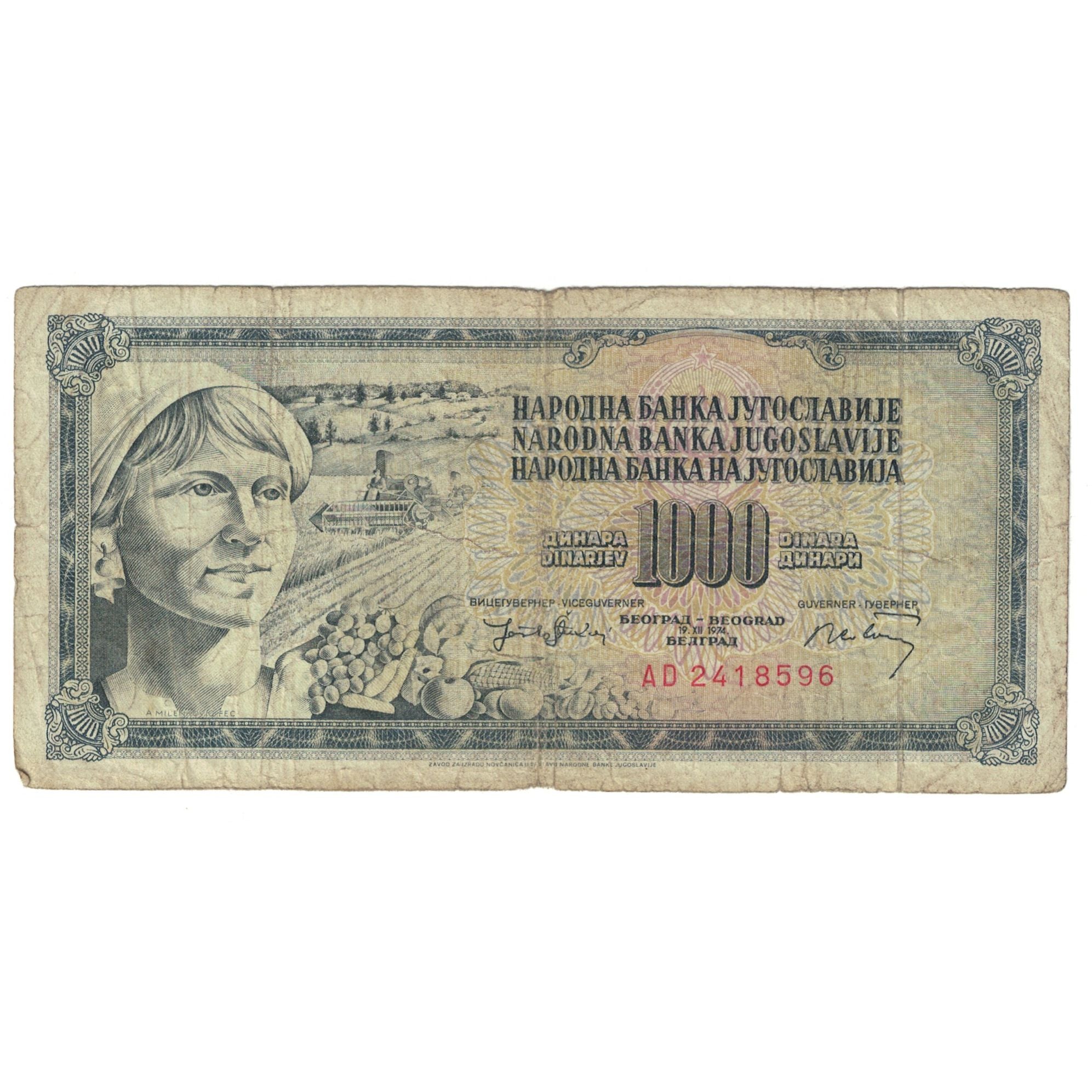 Banknote, Yugoslavia, 1000 Dinara, 1974, 1974-12-19, KM:86, VG(8-10)