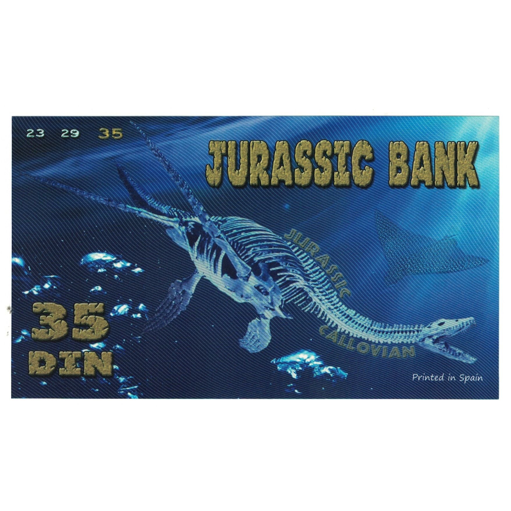 Banconote, Spagna, Tourist Banknote, 2015, JURASSIC BANK 35 DIN, FDS