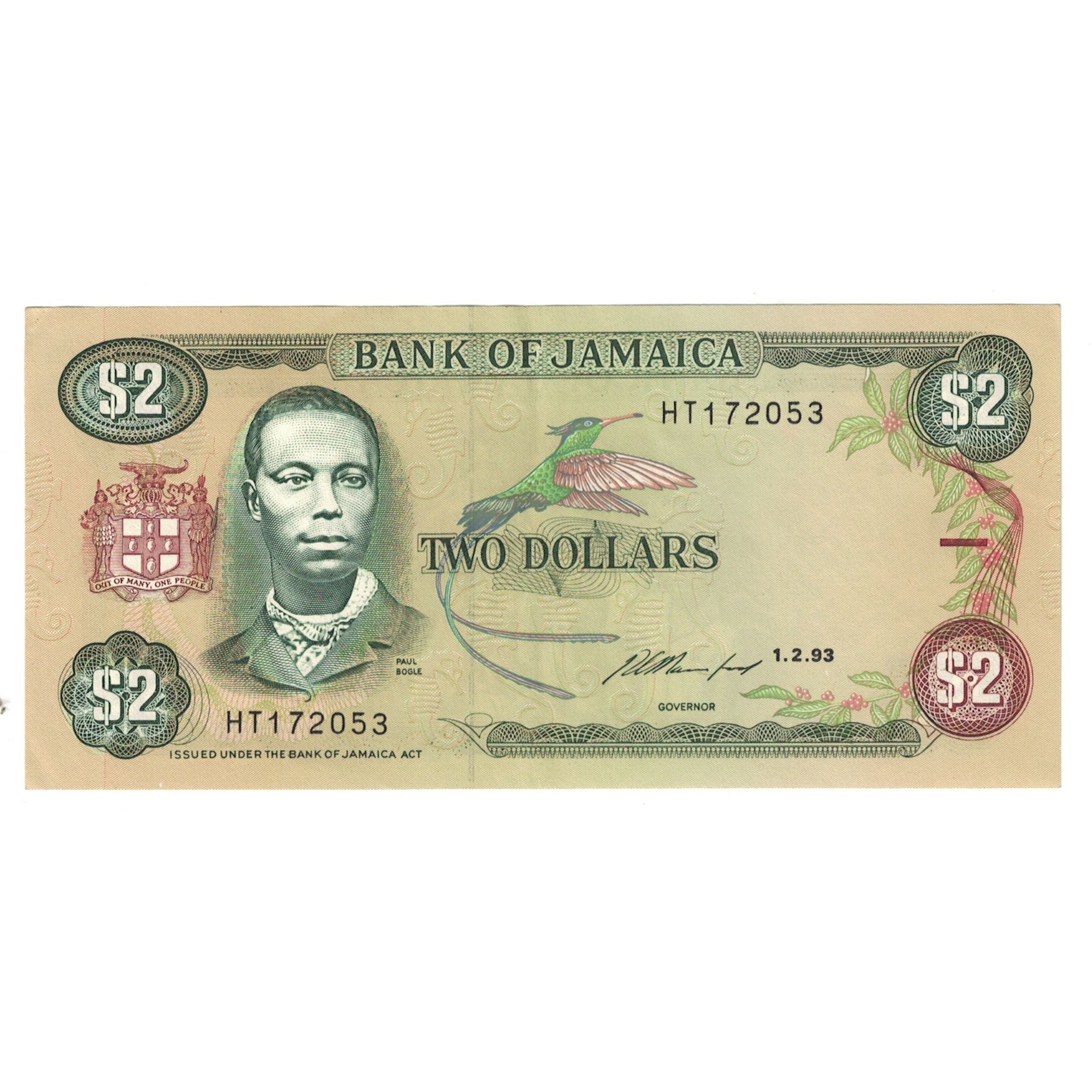 Biljet, Jamaica, 2 Dollars, 1992, 1992-02-01, KM:69d, SUP