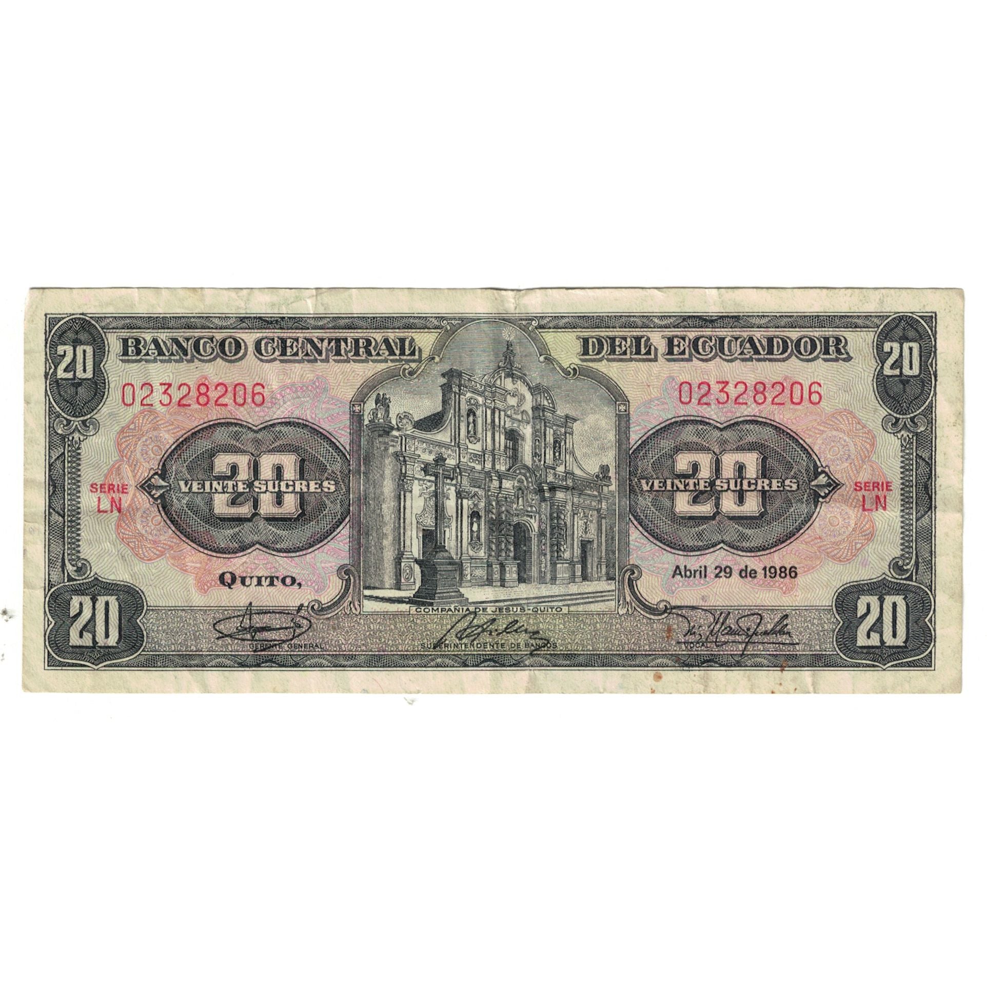 Banknote, Ecuador, 20 Sucres, 1986, 1986-04-29, KM:115b, VF(20-25)