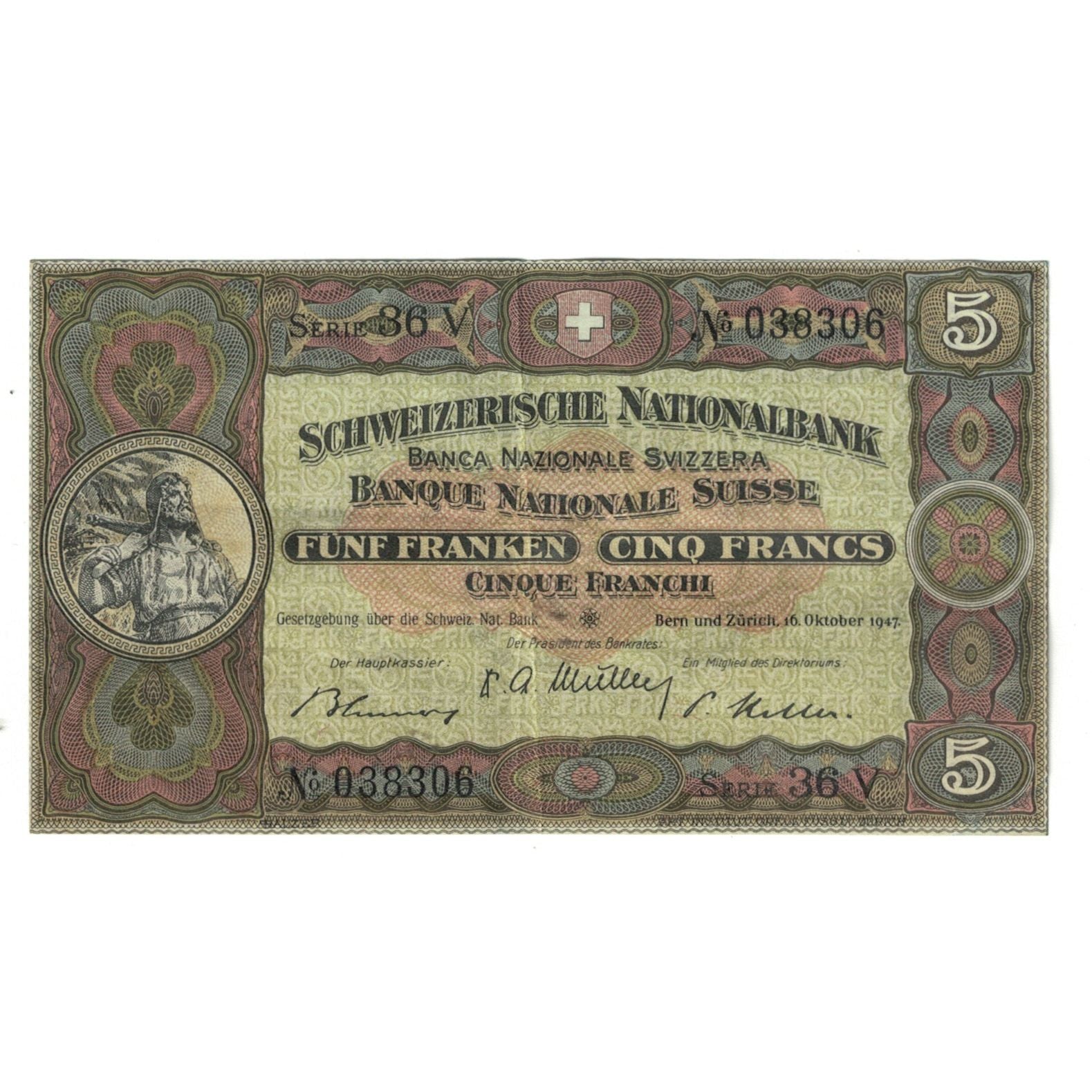 Geldschein, Schweiz, 5 Franken, 1947, 1947-10-16, KM:11m, SS