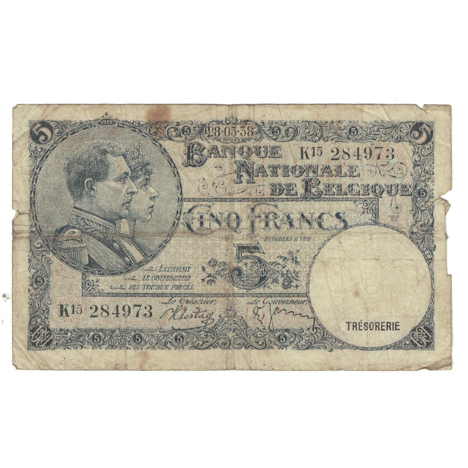 Billet, Belgique, 5 Francs, KM:97a, B
