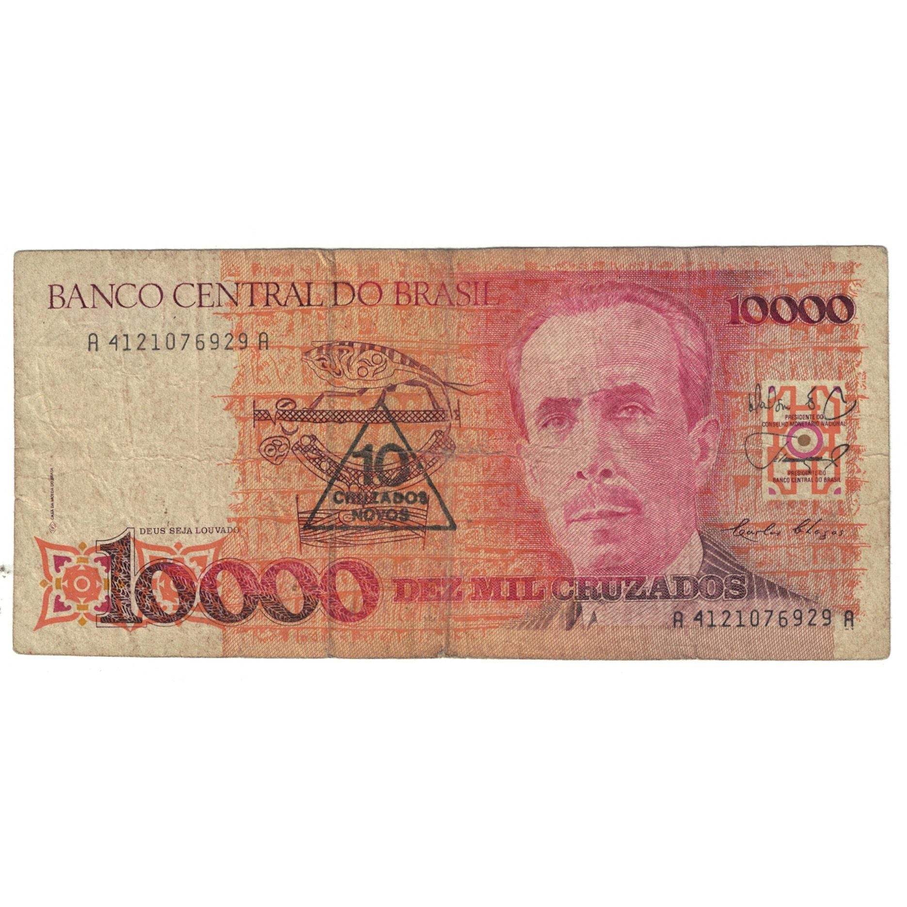 Billete, 10 Cruzados Novos on 10,000 Cruzados, Brasil, KM:218a, RC