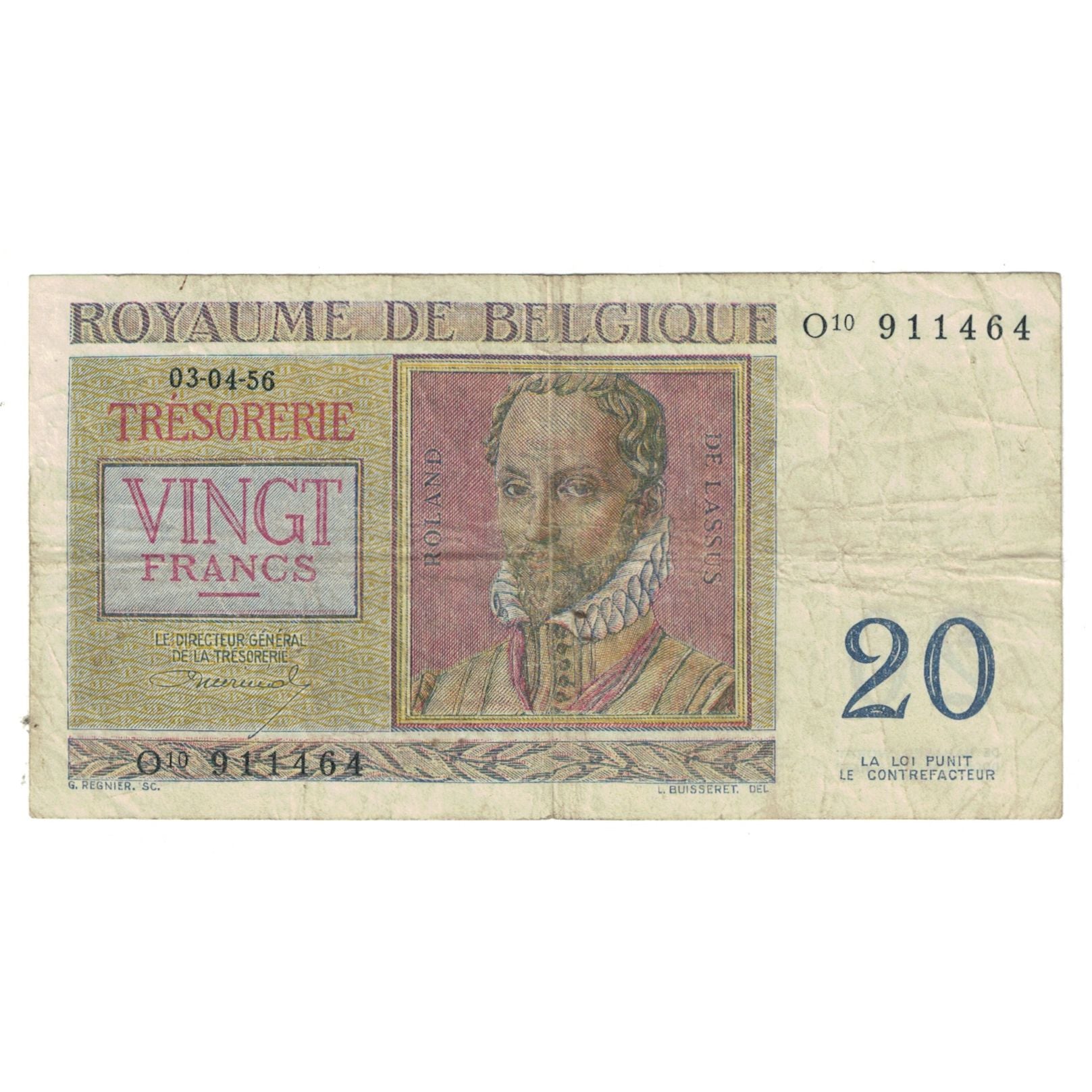 Banknote, Belgium, 20 Francs, 1956, 1956-04-03, KM:132b, VF(20-25)
