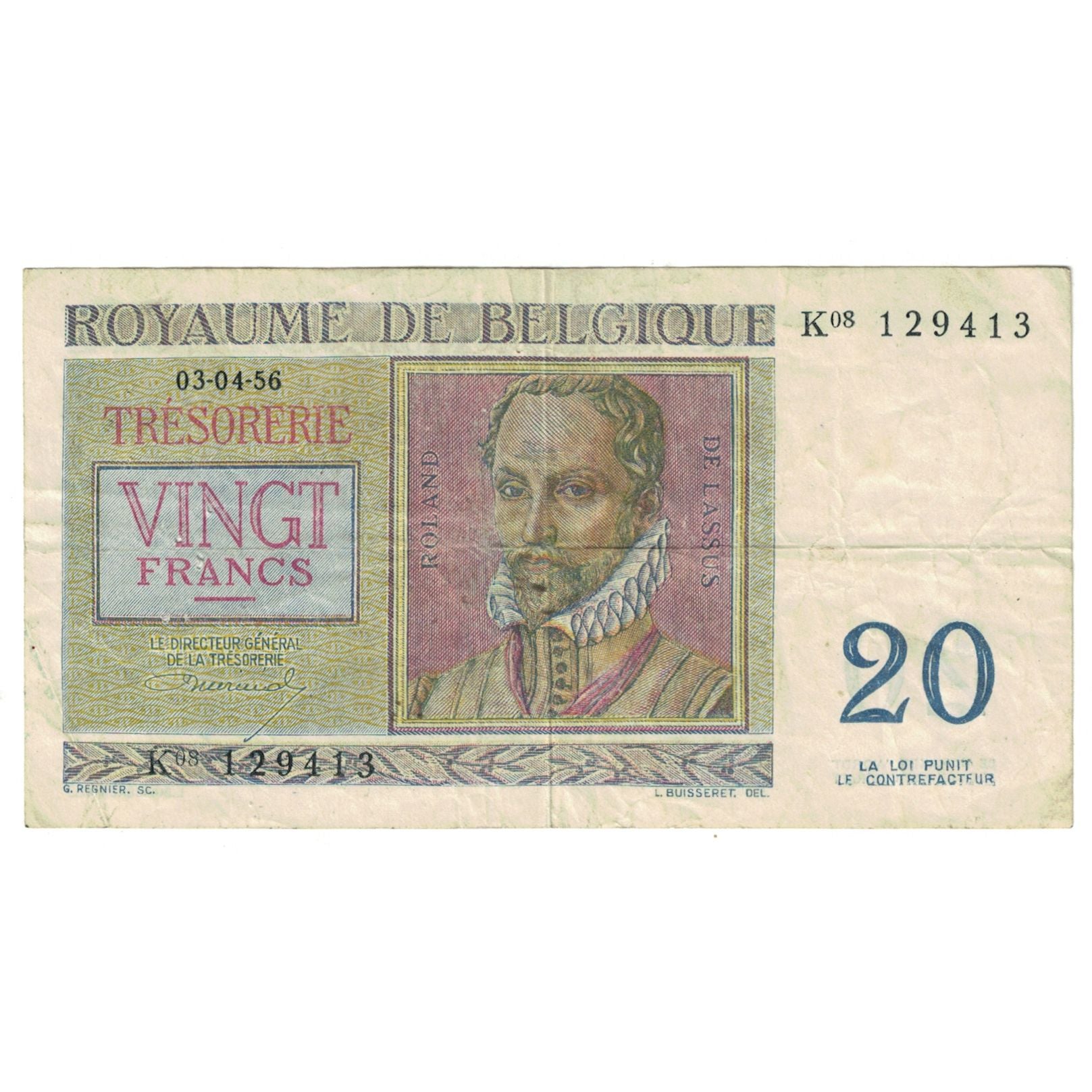 Banknote, Belgium, 20 Francs, 1956, 1956-04-03, KM:132b, VF(20-25)