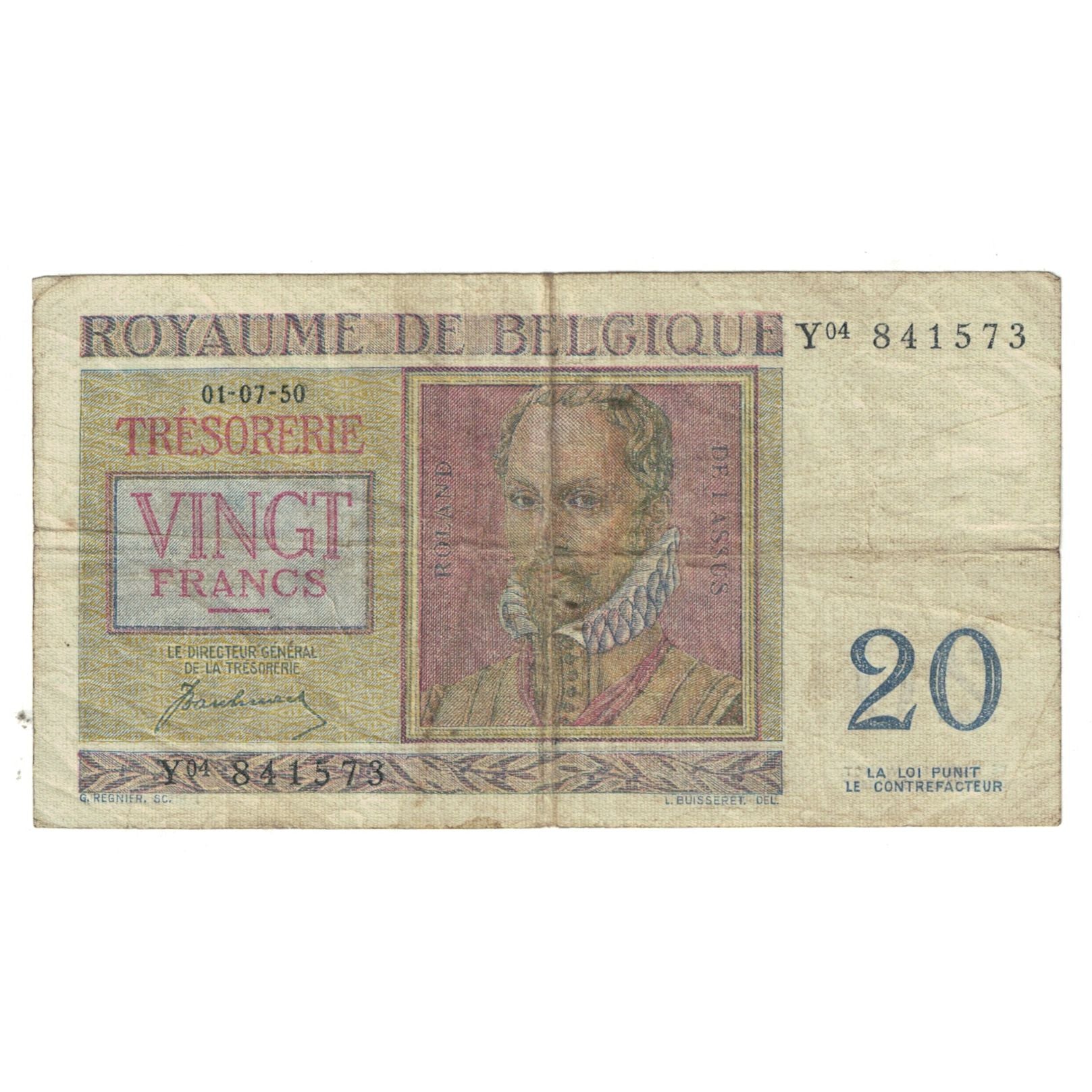 Banknote, Belgium, 20 Francs, 1950, 1950-07-01, KM:132a, VF(20-25)