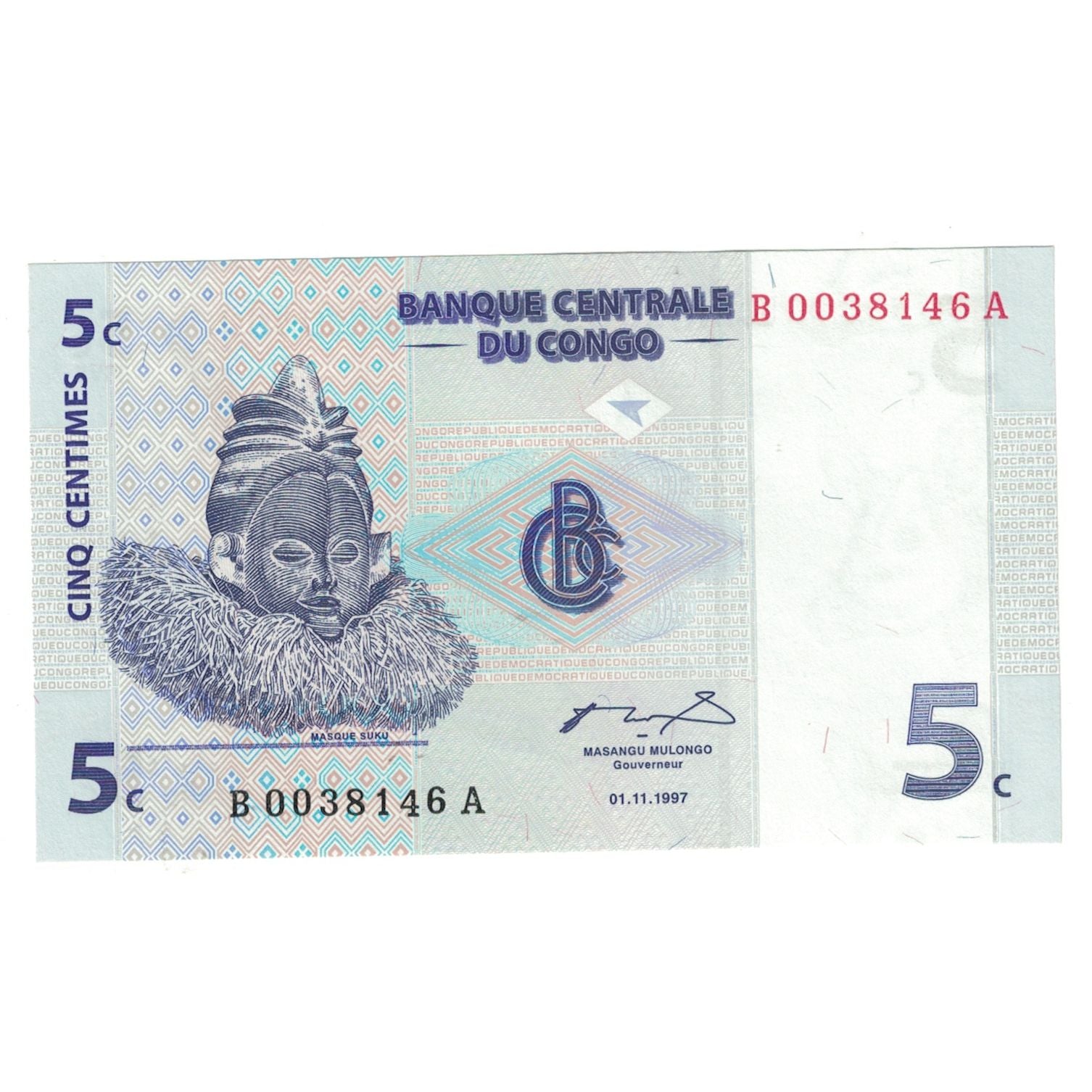 Geldschein, Congo Democratic Republic, 5 Centimes, 1997, 1997-11-01, KM:81a, UNZ