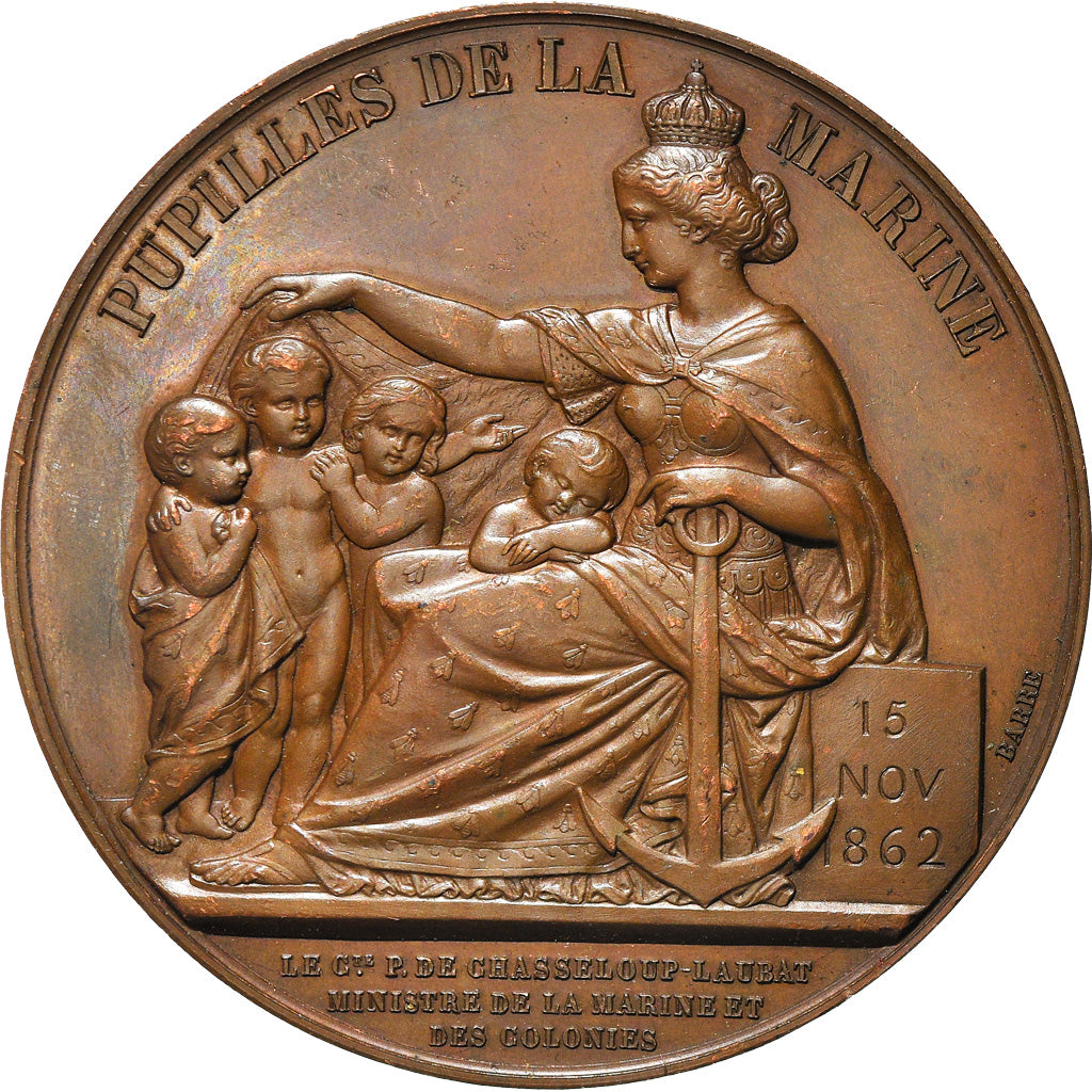 France, Médaille, Napoléon III,  Pupilles de la Marine, 1862, Barre, TTB+