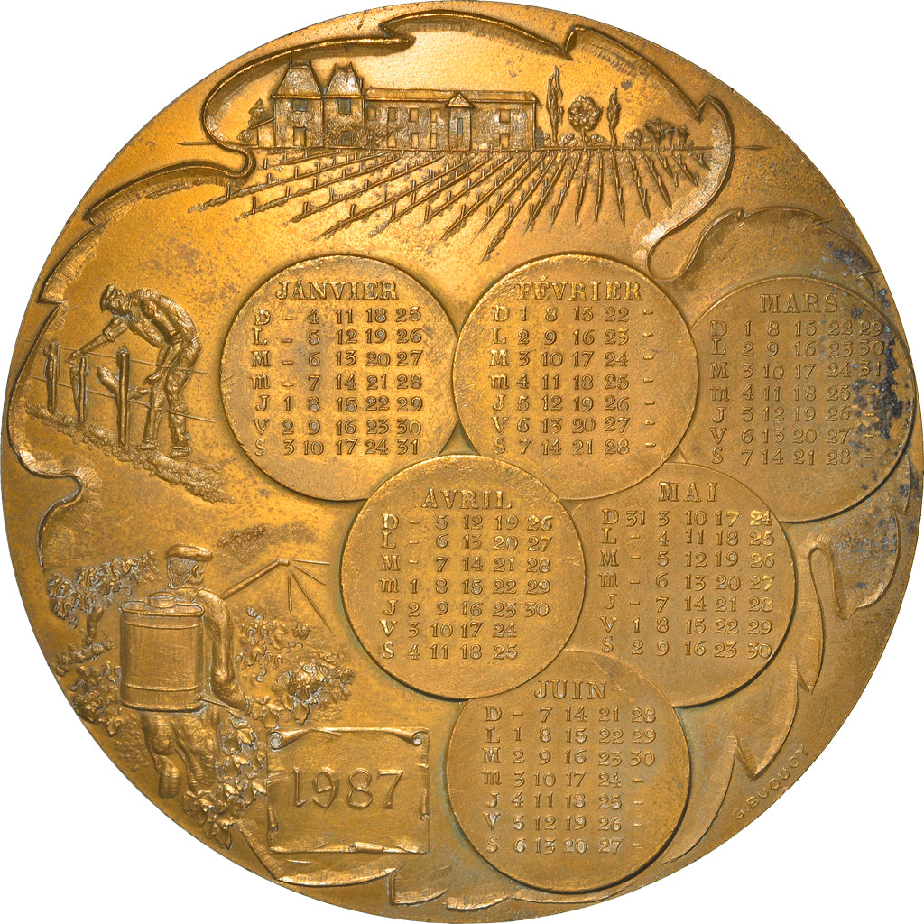 Francja, Medal, Calendrier, Nouvelle Année, Vignoble, Vin, 1987, Buquoy