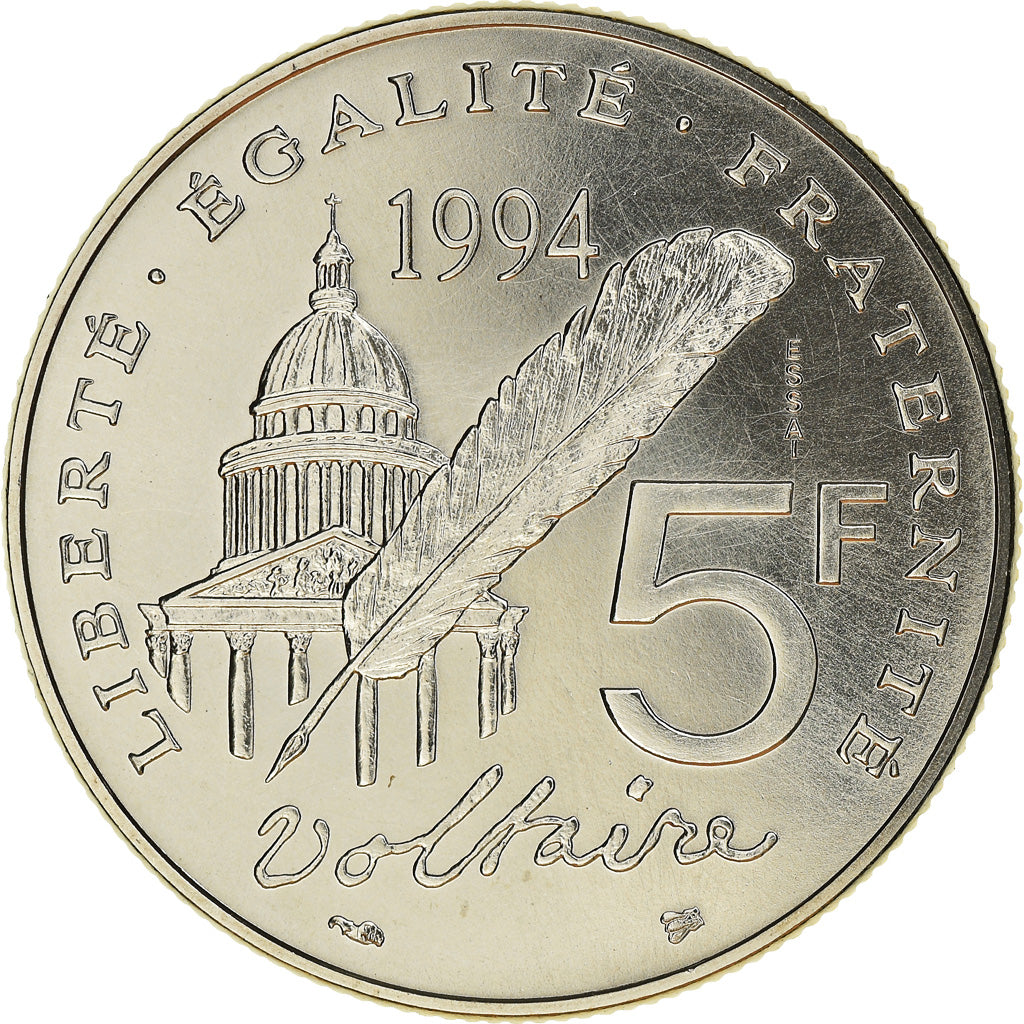 Moneta, Francja, Voltaire, 5 Francs, 1994, Paris, PRÓBA, MS(65-70), Nikiel