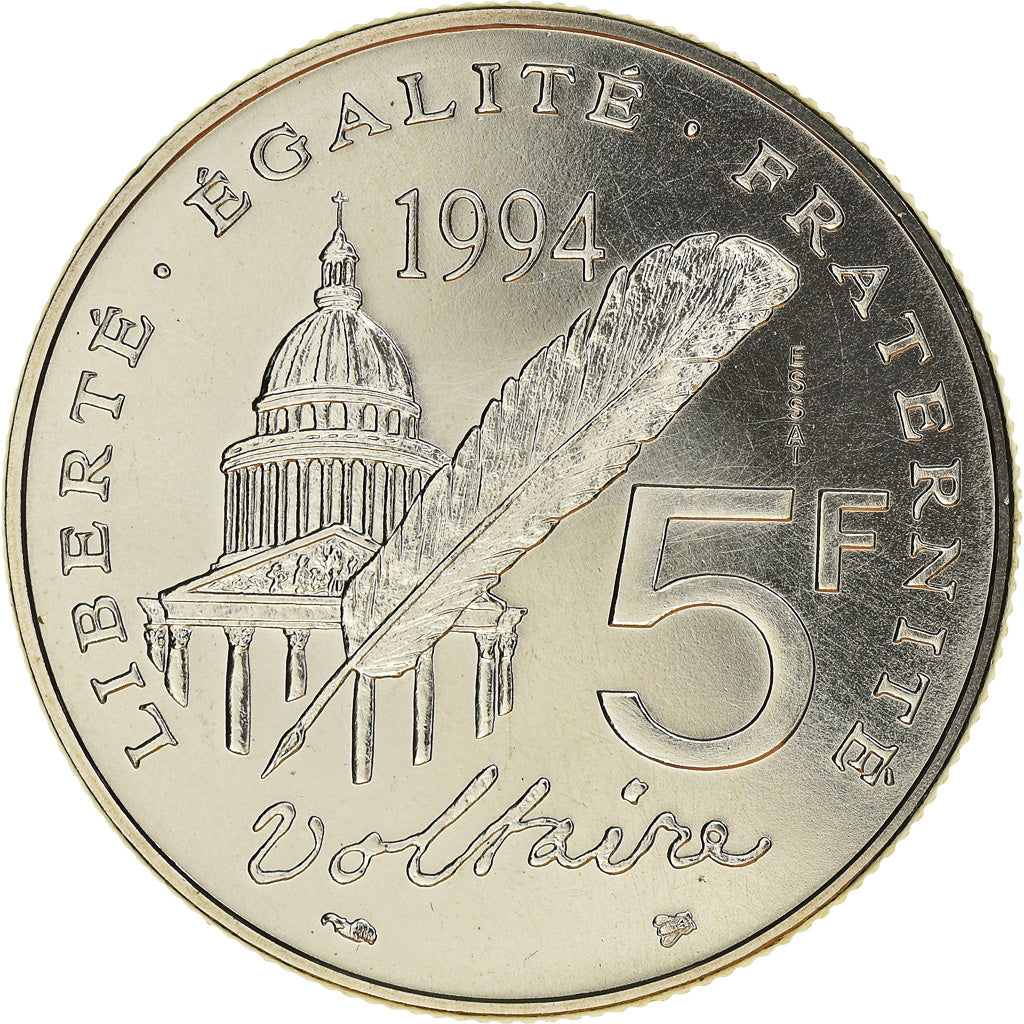 Moneta, Francja, Voltaire, 5 Francs, 1994, Paris, PRÓBA, MS(65-70), Nikiel